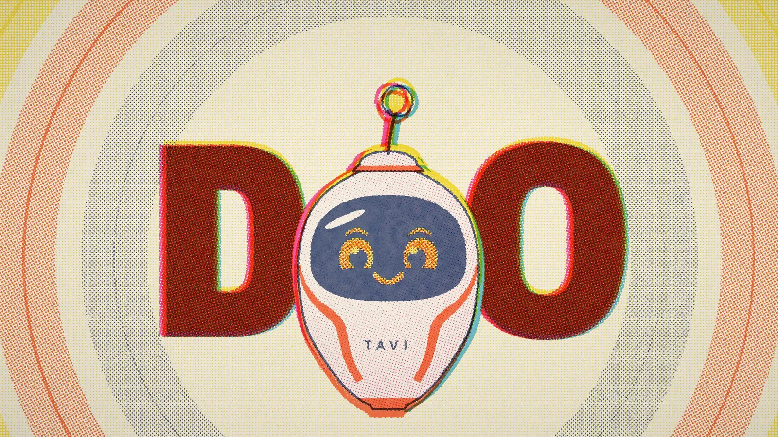 A frame from Don't Close the Tab: Tavi, printed in halftone inks, between a large red D and O