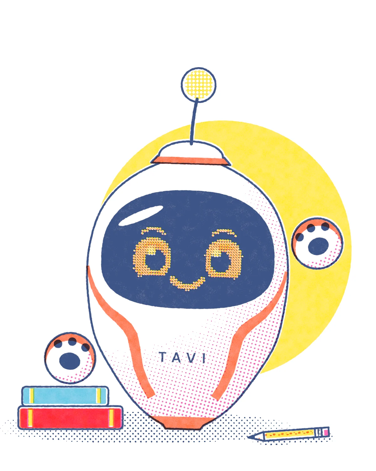 Tavi, a cream egg-shaped AI with an orange band and a face of yellow LED dots, waving one paw