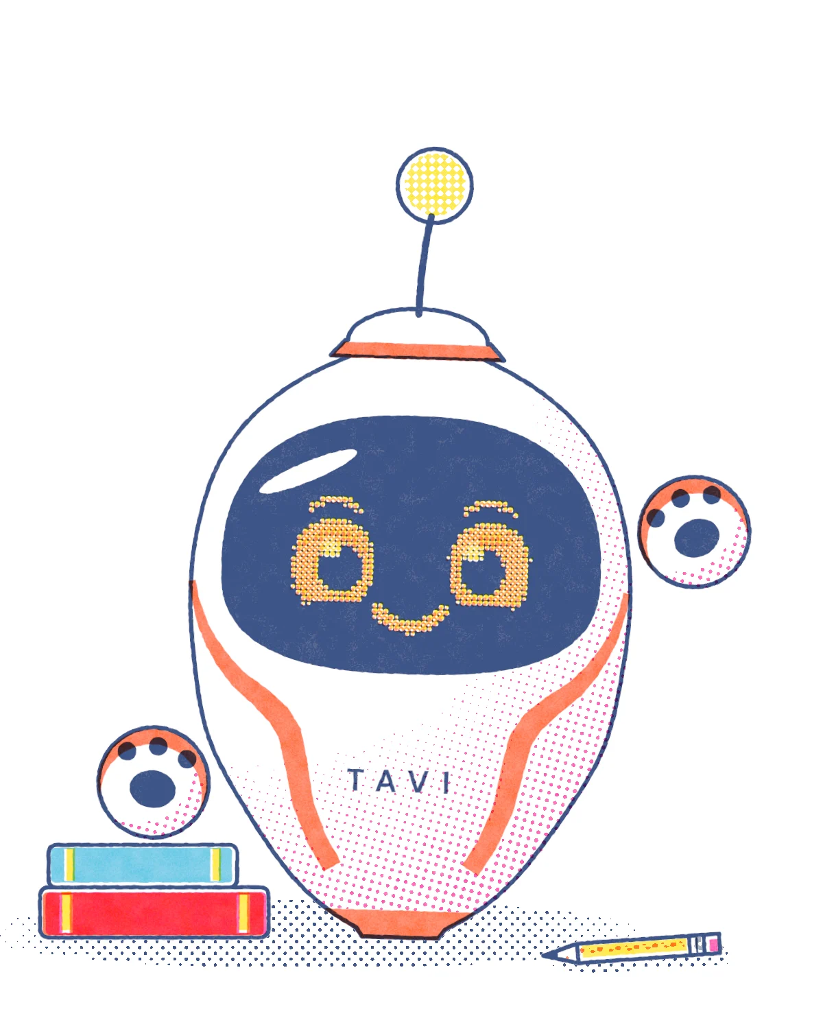 Tavi, a cream egg-shaped AI with an orange band and a face of yellow LED dots, waving one paw