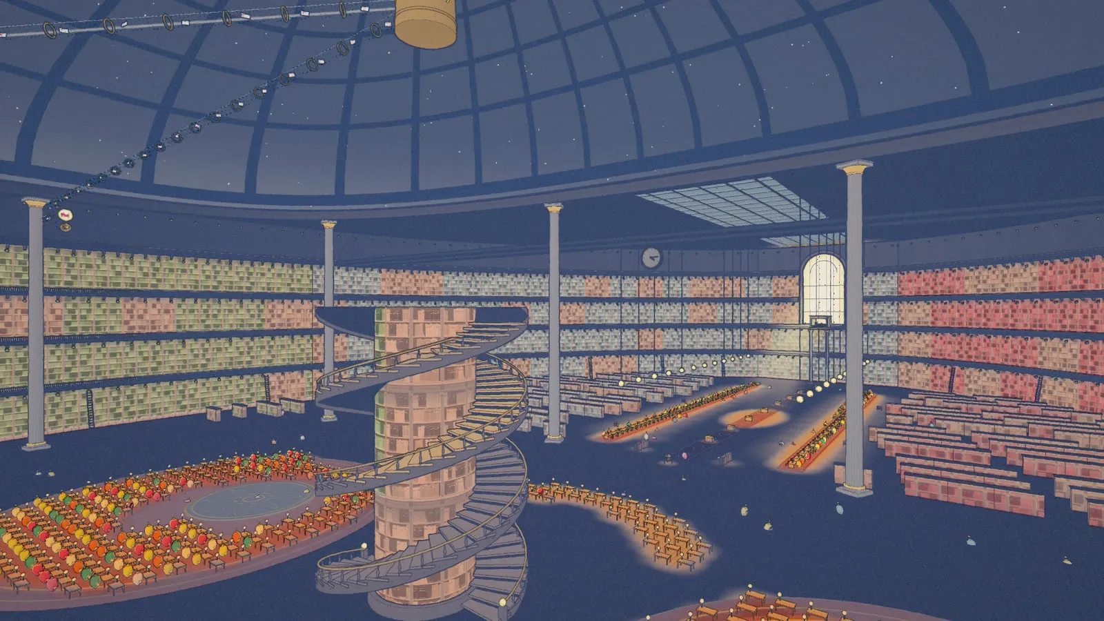 A huge round library seen from above, with rows of desks lit by small lamps around a spiral staircase