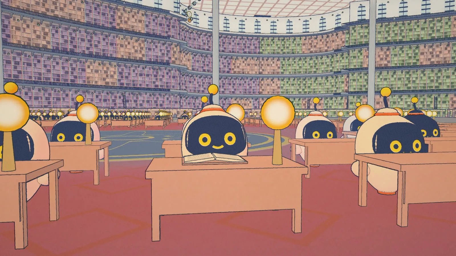 A reading room full of desks, with a copy of Tavi reading at each one under a round lamp