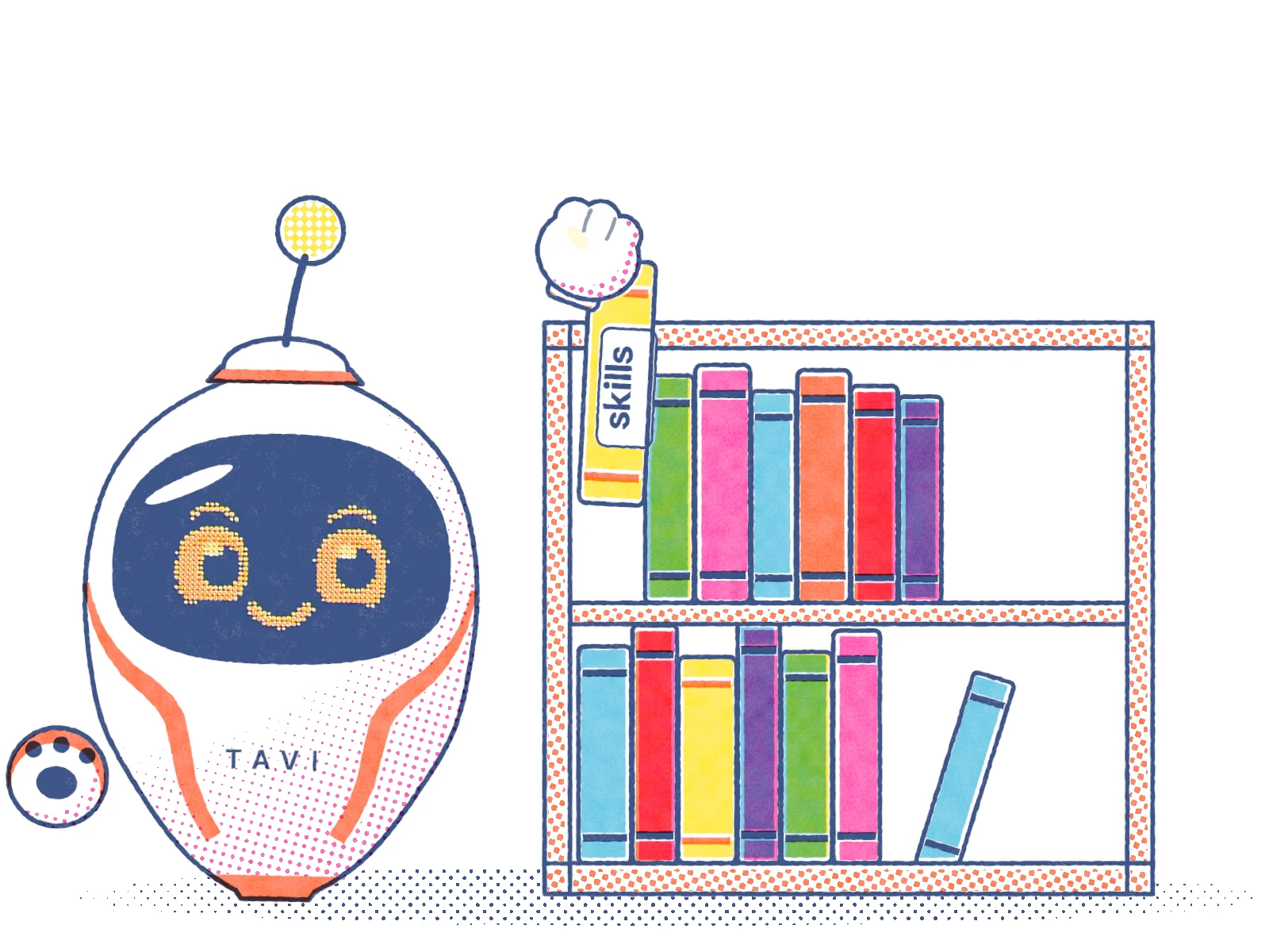 Tavi beside a short shelf of books, one labeled skills